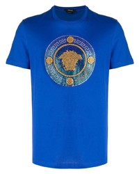 T-shirt girocollo decorata blu di Versace