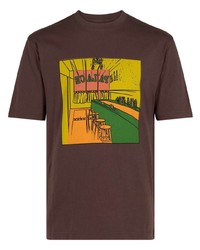 T-shirt girocollo di pizzo stampata marrone scuro
