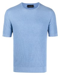 T-shirt girocollo di seta lavorata a maglia azzurra