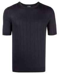 T-shirt girocollo di seta lavorata a maglia blu scuro