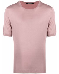 T-shirt girocollo di seta lavorata a maglia rosa