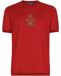 T-shirt girocollo di seta ricamata rossa