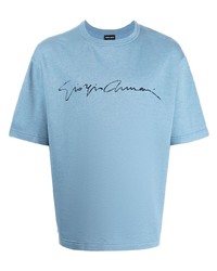 T-shirt girocollo di seta stampata azzurra di Giorgio Armani