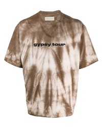 T-shirt girocollo effetto tie-dye bianca e marrone