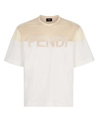 T-shirt girocollo in rete ricamata beige di Fendi