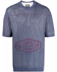 T-shirt girocollo in rete stampata blu scuro di Diesel