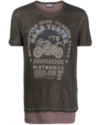 T-shirt girocollo in rete stampata marrone scuro di Diesel