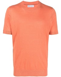 T-shirt girocollo lavorata a maglia arancione di Brunello Cucinelli