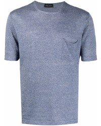 T-shirt girocollo lavorata a maglia azzurra di Roberto Collina