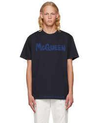 T-shirt girocollo lavorata a maglia blu scuro di Alexander McQueen