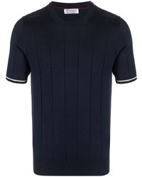 T-shirt girocollo lavorata a maglia blu scuro di Brunello Cucinelli