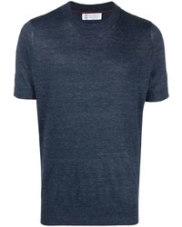 T-shirt girocollo lavorata a maglia blu scuro di Brunello Cucinelli