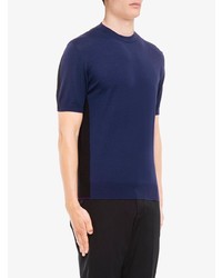 T-shirt girocollo lavorata a maglia blu scuro di Prada