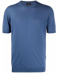 T-shirt girocollo lavorata a maglia blu di Roberto Collina