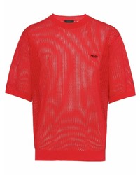 T-shirt girocollo lavorata a maglia rossa di Prada