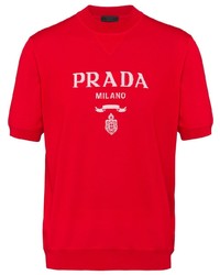 T-shirt girocollo lavorata a maglia rossa di Prada