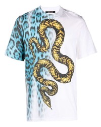 T-shirt girocollo leopardata azzurra di Roberto Cavalli