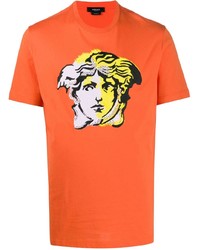 T-shirt girocollo ricamata arancione di Versace