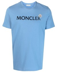 T-shirt girocollo ricamata azzurra di Moncler