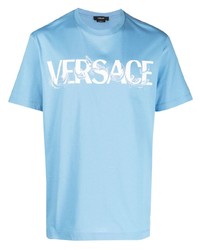 T-shirt girocollo ricamata azzurra di Versace