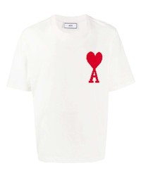 T-shirt girocollo ricamata bianca e rossa di Ami Paris