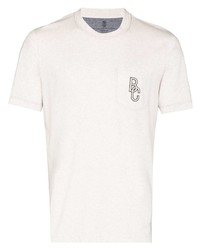 T-shirt girocollo ricamata bianca di Brunello Cucinelli