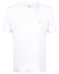 T-shirt girocollo ricamata bianca di Brunello Cucinelli