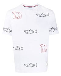 T-shirt girocollo ricamata bianca di Thom Browne