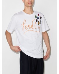 T-shirt girocollo ricamata bianca di Fendi