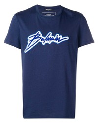 T-shirt girocollo ricamata blu scuro di Balmain