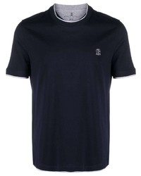 T-shirt girocollo ricamata blu scuro di Brunello Cucinelli