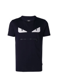T-shirt girocollo ricamata blu scuro di Fendi