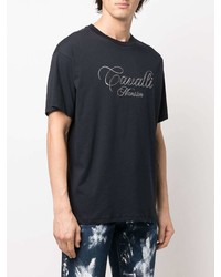 T-shirt girocollo ricamata blu scuro di Roberto Cavalli