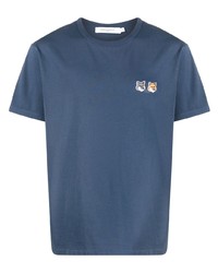 T-shirt girocollo ricamata blu scuro di MAISON KITSUNÉ