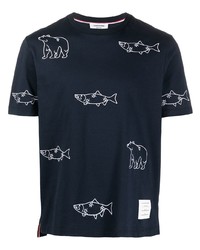 T-shirt girocollo ricamata blu scuro di Thom Browne