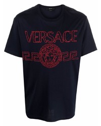T-shirt girocollo ricamata blu scuro di Versace