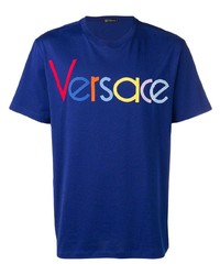 T-shirt girocollo ricamata blu di Versace