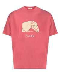 T-shirt girocollo ricamata fucsia di Bode