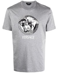 T-shirt girocollo ricamata grigia di Versace