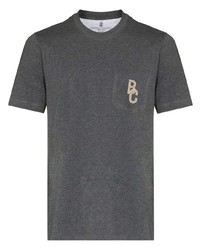 T-shirt girocollo ricamata grigio scuro di Brunello Cucinelli