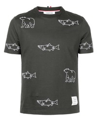 T-shirt girocollo ricamata grigio scuro di Thom Browne