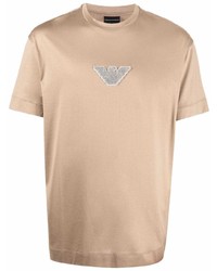 T-shirt girocollo ricamata marrone chiaro di Emporio Armani