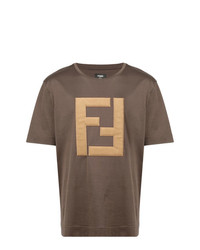 T-shirt girocollo ricamata marrone di Fendi