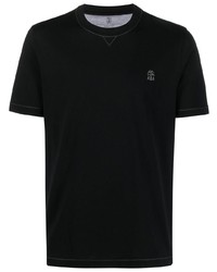 T-shirt girocollo ricamata nera di Brunello Cucinelli