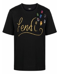 T-shirt girocollo ricamata nera di Fendi