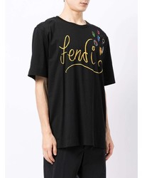 T-shirt girocollo ricamata nera di Fendi