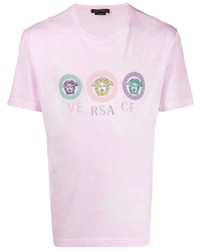 T-shirt girocollo ricamata rosa di Versace