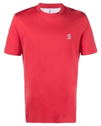 T-shirt girocollo ricamata rossa di Brunello Cucinelli