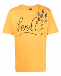 T-shirt girocollo ricamata senape di Fendi