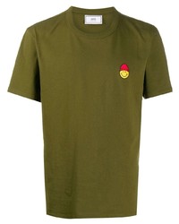 T-shirt girocollo ricamata verde oliva di Ami Paris